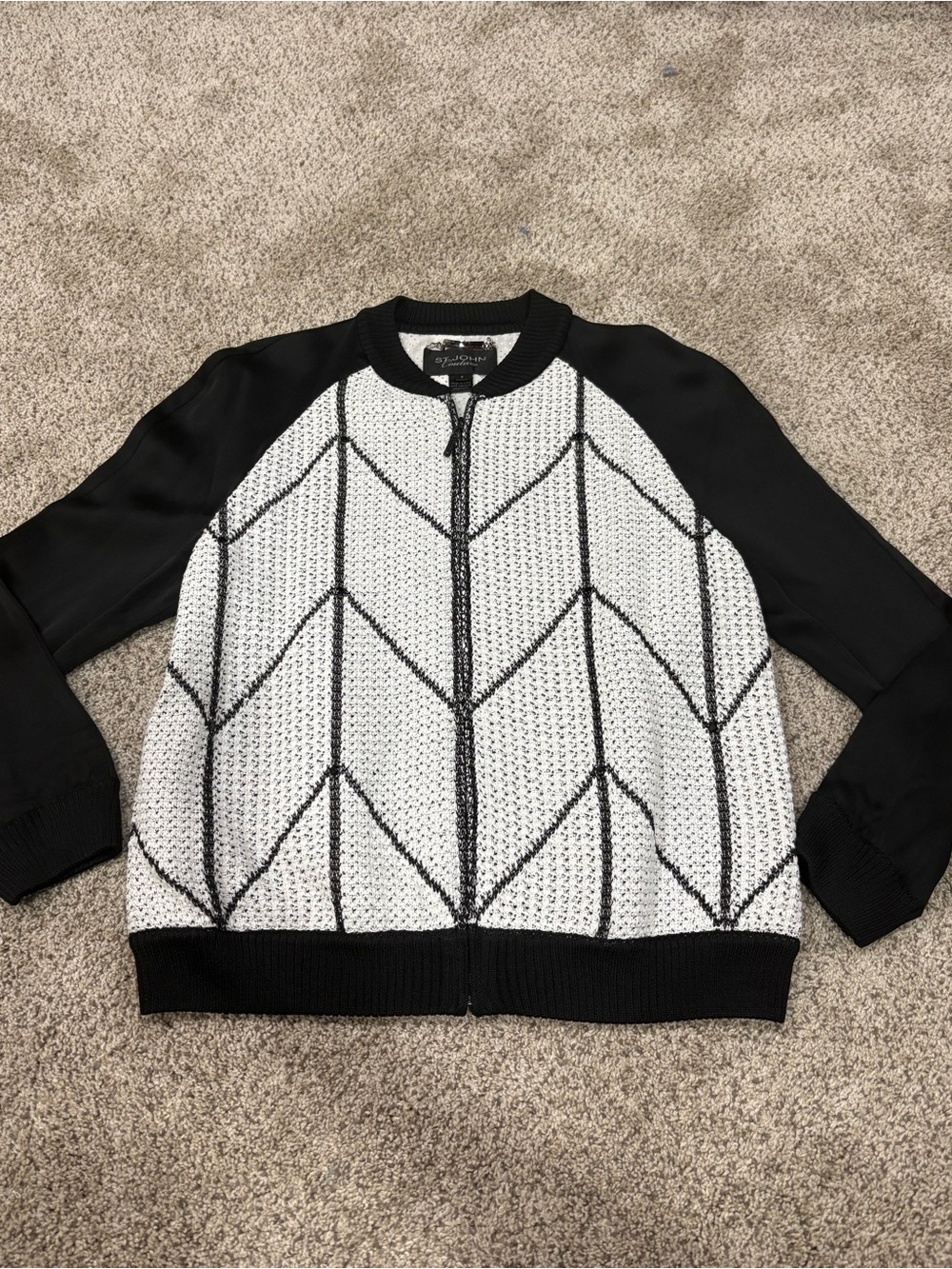 St John Couture Black/White Geometric Knit Zip-Front Jacket